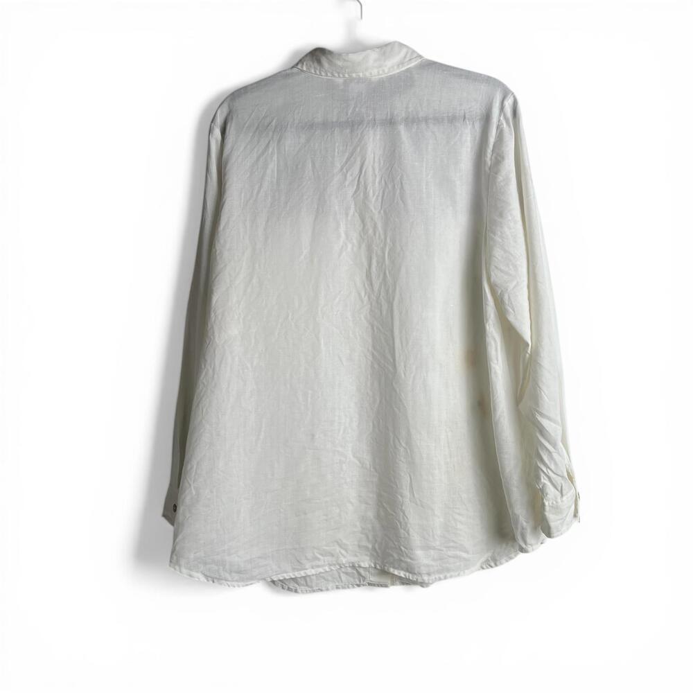 Vintage White Linen Long Sleeve Button-Up Shirt with Yellow Floral Embroidery - Picture 3 of 6